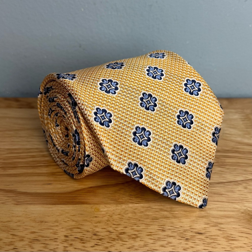 Jos A Bank Signature 3.5" Silk Tie Gold Blue Floral Foulard Medallion Neat Woven